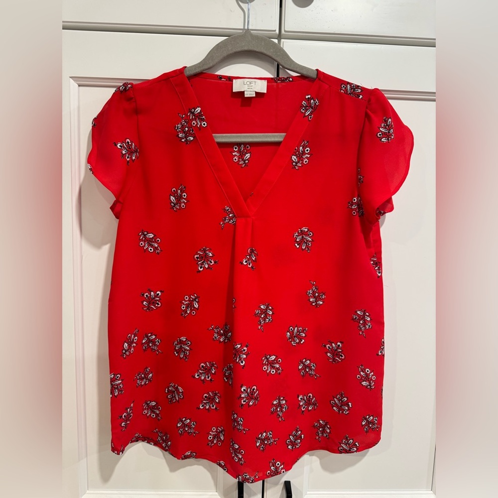 LOFT Outlet Red V-Neck Blouse with Floral Pattern